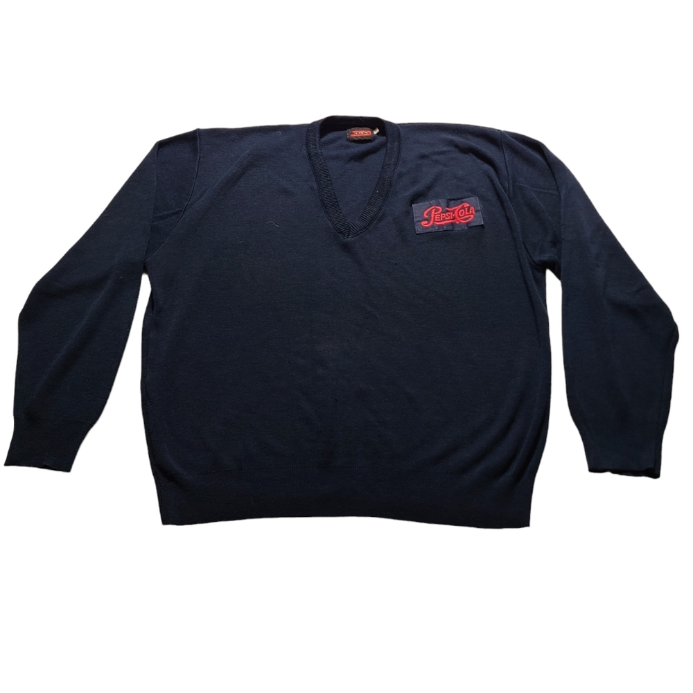VTG 70s DRUMMOND Pepsi Sweater 2X 100% Virgin Acrylic V-Neck Pullover Blue USA